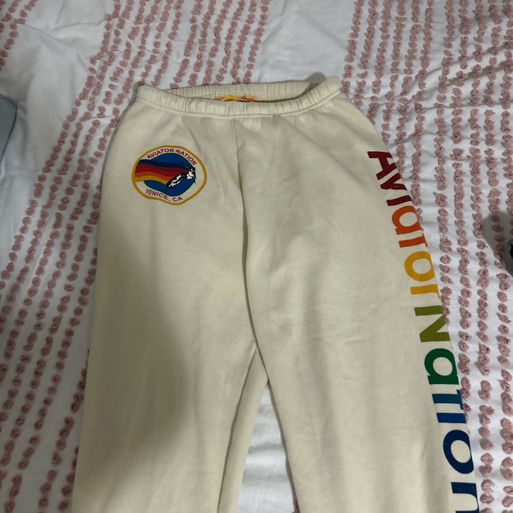 Aviator Nation Cream Joggers with Rainbow Logo